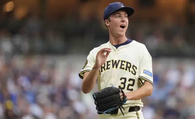 Milwaukee Brewers' Jacob Misiorowski reacts after striking out Los Angeles Dodgers' Freddie Freeman during the third inning of a baseball game Tuesday, July 8, 2025, in Milwaukee. (AP Photo/Aaron Gash)