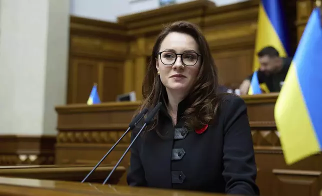 FILE - Vice Prime Minister and Minister of Economy of Ukraine Yuliia Svyrydenko speaks in the Ukrainian Parliament in Kyiv, Ukraine, Thursday, May 8, 2025. (AP Photo/Vadym Sarakhan, File)