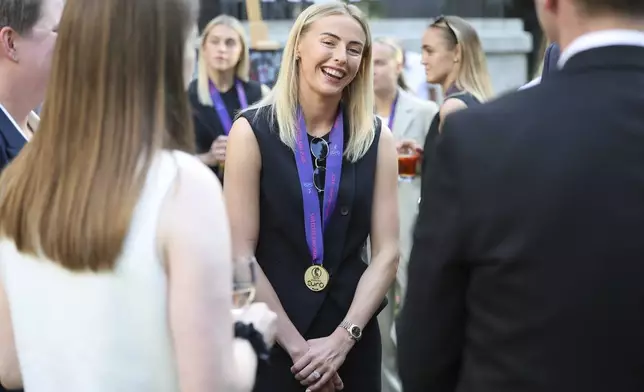 England's Chloe Kelly during a special reception, to celebrate their victory in the Women's Euro 2025 final, at Downing Street in London, Monday, July 28, 2025. (Richard Pohle/Pool Photo via AP)