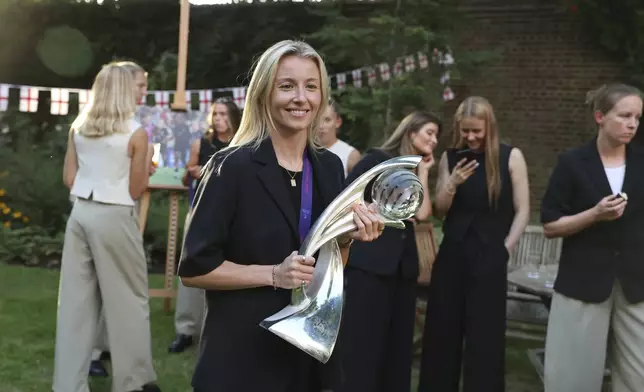 England's Leah Williamson during a special reception, to celebrate their victory in the Women's Euro 2025 final, at Downing Street in London, Monday, July 28, 2025. (Richard Pohle/Pool Photo via AP)