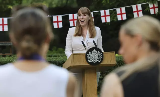 Deputy Leader of the Labour Party Angela Rayner during a special reception, to celebrate their victory in the Women's Euro 2025 final, at Downing Street in London, Monday, July 28, 2025. (Richard Pohle/Pool Photo via AP)