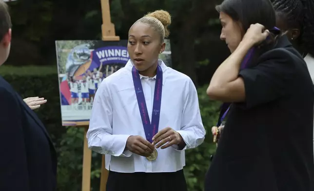 England's Lauren James during a special reception, to celebrate their victory in the Women's Euro 2025 final, at Downing Street in London, Monday, July 28, 2025. (Richard Pohle/Pool Photo via AP)