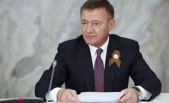 FILE - Russian Transport Minister Roman Starovoit attends a meeting in Mineralnye Vody, Russia, Tuesday, May 6, 2025. (Dmitry Astakhov, Sputnik, Government Pool Photo via AP)