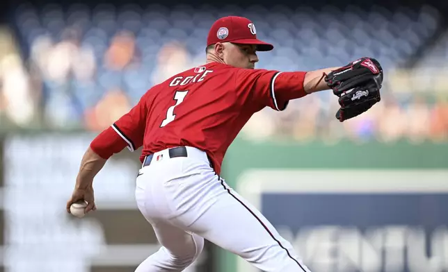 Washington Nationals pitcher MacKenzie Gore (1) throws during the first inning in the second baseball game of a doubleheader against the Detroit Tigers in Washington, Wednesday, July 2, 2025. (AP Photo/Terrance Williams)