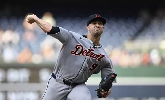 Detroit Tigers pitcher Jack Flaherty (9) throws during the first inning in the second baseball game of a doubleheader against the Washington Nationals in Washington, Wednesday, July 2, 2025. (AP Photo/Terrance Williams)