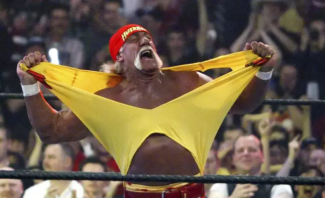 FILE - Hulk Hogan fires up the crowd between matches at WrestleMania 21 at the Staples Center in Los Angeles, April 3, 2005. (AP Photo/Chris Carlson, File)