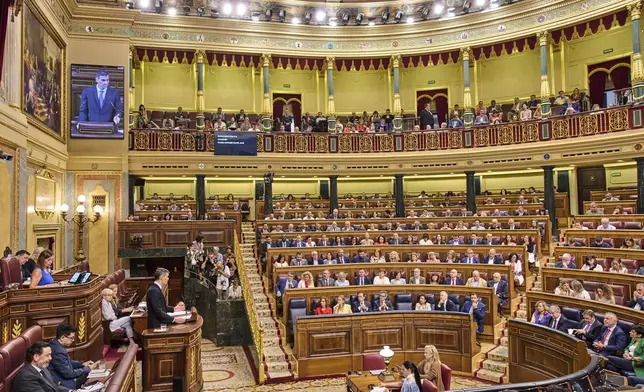 Spanish Prime Minister Pedro Sánchez gives a speech at the Spanish parliament in Madrid, Wednesday, July 9, 2025. (AP Photo/Bernat Armangue)