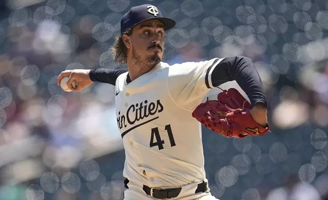 Minnesota Twins starting pitcher Joe Ryan delivers during the first inning of a baseball game against the Tampa Bay Rays, Sunday, July 6, 2025, in Minneapolis. (AP Photo/Abbie Parr)