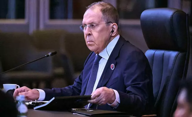Russia's Foreign Affairs Minister Sergei Lavrov attends the Association of Southeast Asian Nations (ASEAN) Post-Ministerial Conference during the 58th ASEAN Foreign Ministers' meeting and related meetings at the Convention Centre in Kuala Lumpur, Thursday, July 10, 2025. (Mohd Rasfan/Pool Photo via AP)