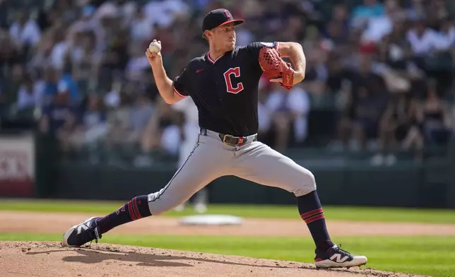 Cleveland Guardians starting pitcher Tanner Bibee throws against the Chicago White Sox during the first inning of a baseball game Saturday, July 12, 2025, in Chicago. (AP Photo/Erin Hooley)