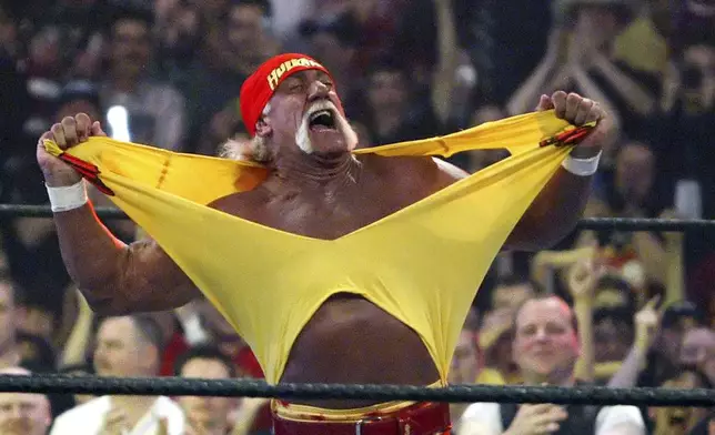 FILE - Hulk Hogan fires up the crowd between matches at WrestleMania 21 at the Staples Center in Los Angeles, April 3, 2005. (AP Photo/Chris Carlson, File)
