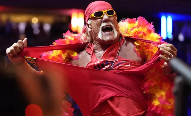 FILE - Hulk Hogan rips his shirt before Republican presidential nominee former President Donald Trump speaks at a campaign rally at Madison Square Garden, Oct. 27, 2024, in New York. (AP Photo/Alex Brandon, File)