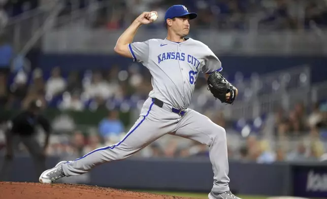 Kansas City Royals pitcher Seth Lugo pitches during the second inning of a baseball game against the Miami Marlins, Friday, July 18, 2025, in Miami. (AP Photo/Rebecca Blackwell)