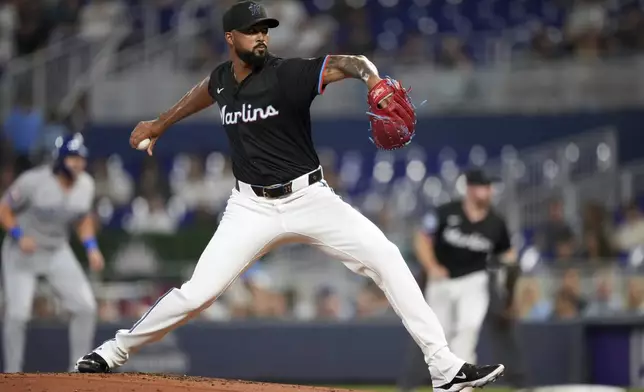 Miami Marlins pitcher Sandy Alcantara pitches during the first inning of a baseball game against the Kansas City Royals, Friday, July 18, 2025, in Miami. (AP Photo/Rebecca Blackwell)