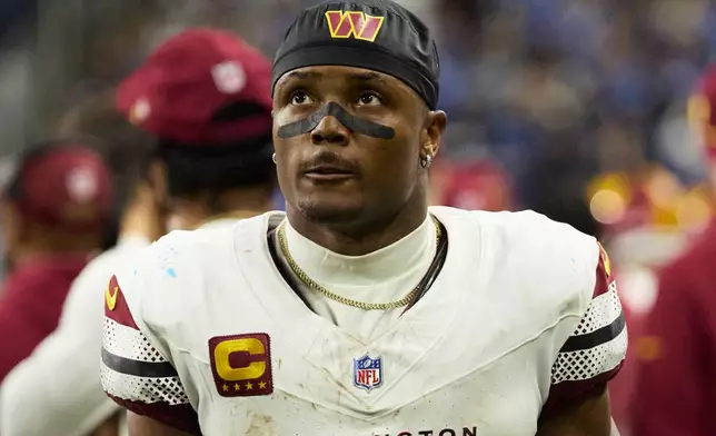 FILE - Washington Commanders wide receiver Terry McLaurin (17) looks on from the sideline during an NFL football divisional playoff game against the Detroit Lions, Saturday, Jan. 18, 2025, in Detroit. (AP Photo/Rick Osentoski, File)