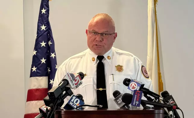 State Fire Marshal Jon Davine speaks at a news conference on Tuesday, July 22, 2025, in Fall River, Mass., about a deadly fire at the Gabriel House assisted-living facility. (AP Photo/Rodrique Ngowi)