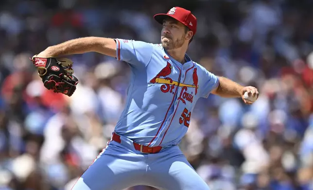 St. Louis Cardinals starter Matthew Liberatore delivers a pitch during the first inning of a baseball game against the Chicago Cubs Saturday, July 5, 2025, in Chicago. (AP Photo/Paul Beaty)