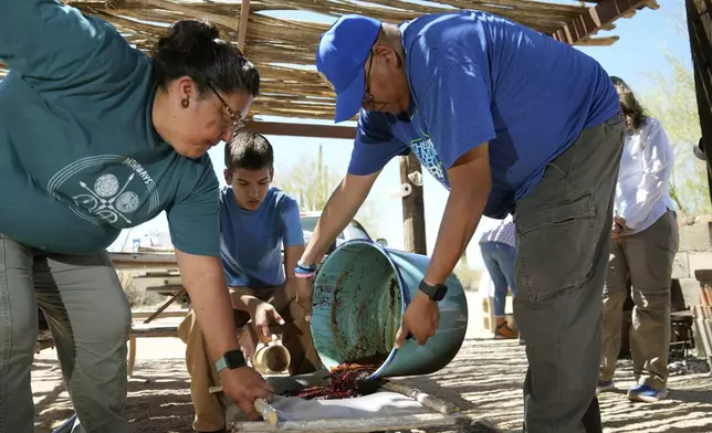 Silas Garcia, right, pours fresh saguaro cactus fruit onto a strainer as Maria Francisco, left, holds the frame while a youth volunteer looks on during a harvest day by the Tohono Oʼodham people in Saguaro National Park near Tucson, Ariz., on Monday, June 23, 2025. (AP Photo/Ross D. Franklin)