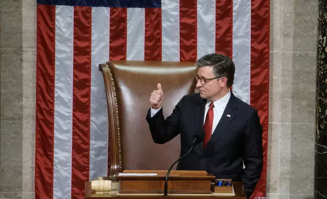 Speaker of the House Mike Johnson, R-La., prepares to gavel in the House chamber for final passage of President Donald Trump's signature bill of tax breaks and spending cuts, at the Capitol, Thursday, July 3, 2025, in Washington. (AP Photo/Rod Lamkey, Jr.)