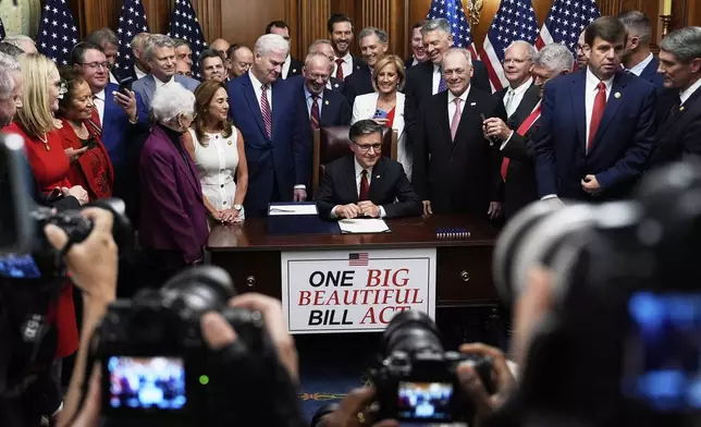 Speaker of the House Mike Johnson, R-La., surrounded by Republican members of Congress, signs President Donald Trump's signature bill of tax breaks and spending cuts, Thursday, July 3, 2025, at the Capitol in Washington. (AP Photo/Julia Demaree Nikhinson)