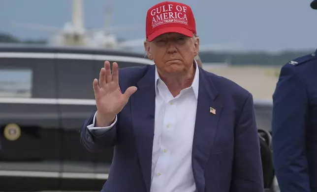 President Donald Trump waves as he arrives at Joint Base Andrews, Md., after visiting a migrant detention center in Ochopee, Fla., Tuesday, July 1, 2025. (AP Photo/Evan Vucci)