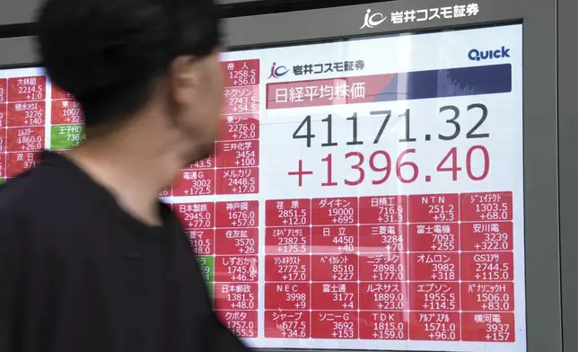 A person looks at an electronic stock board showing Japan's Nikkei index at a securities firm Wednesday, July 23, 2025, in Tokyo. (Kyodo News via AP)