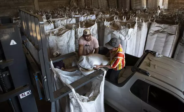 Workers store coffee beans in a warehouse at the Vargas coffee plantation in Varre-Sai, Rio de Janeiro state, Brazil, Friday, July 18, 2025. (AP Photo/Bruna Prado)