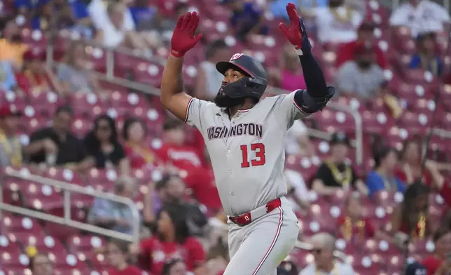 Washington Nationals' Amed Rosario celebrates as he rounds the bases after hitting a solo home run during the fifth inning of a baseball game against the St. Louis Cardinals Wednesday, July 9, 2025, in St. Louis. (AP Photo/Jeff Roberson)