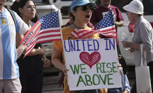 Immigration advocates protest recent detentions by ICE outside the immigration court in San Antonio, Texas, Tuesday, July 1, 2025. (AP Photo/Eric Gay)
