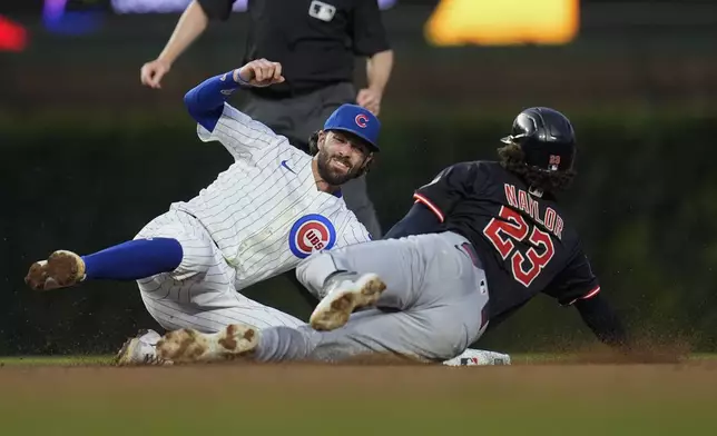 Chicago Cubs shortstop Dansby Swanson (7), left, catches Cleveland Guardians' Bo Naylor (23) stealing second during the fifth inning of a baseball game Thursday, July 3, 2025, in Chicago. (AP Photo/Erin Hooley)