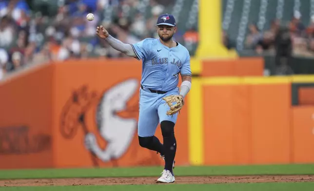 Toronto Blue Jays shortstop Bo Bichette throws to first base for an out on a Detroit Tigers' Gleyber Torres ground ball in the third inning during a baseball game, Thursday, July 24, 2025, in Detroit. (AP Photo/Paul Sancya)