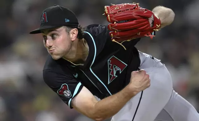 Arizona Diamondbacks starting pitcher Brandon Pfaadt works against a San Diego Padres batter during the eighth inning of a baseball game Wednesday, July 9, 2025, in San Diego. (AP Photo/Orlando Ramirez)