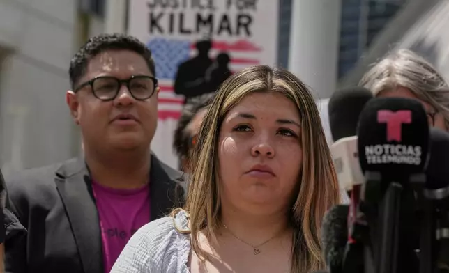 Jennifer Vasquez Sura, right, wife of Kilmar Abrego Garcia, attends a news conference outside the federal courthouse Wednesday, July 16, 2025, in Nashville, Tenn. (AP Photo/George Walker IV)