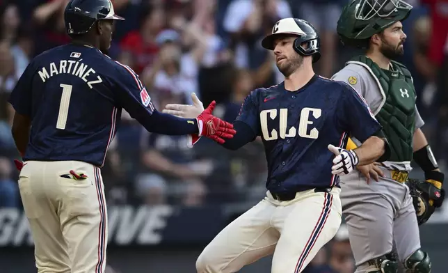 Cleveland Guardians' David Fry, right, is congratulated by Angel Martínez after hitting a two-run home run during the third inning of a baseball game, Friday, July 18, 2025, in Cleveland. (AP Photo/David Dermer)