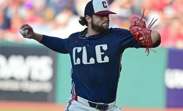 Cleveland Guardians starting pitcher Slade Cecconi throws during a baseball game against the Athletics, Friday, July 18, 2025, in Cleveland. (AP Photo/David Dermer)