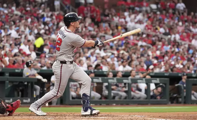 Atlanta Braves' Sean Murphy watches his solo home run during the third inning of a baseball game against the St. Louis Cardinals Friday, July 11, 2025, in St. Louis. (AP Photo/Jeff Roberson)