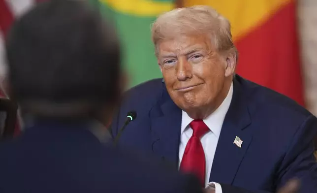 President Donald Trump speaks during a lunch with African leaders in the State Dining Room of the White House, Wednesday, July 9, 2025, in Washington. (AP Photo/Evan Vucci)