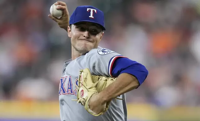 Texas Rangers starting pitcher Jack Leiter (35) delivers during the first inning of a baseball game against the Houston Astros, Friday, July 11, 2025, in Houston. (AP Photo/Kevin M. Cox)