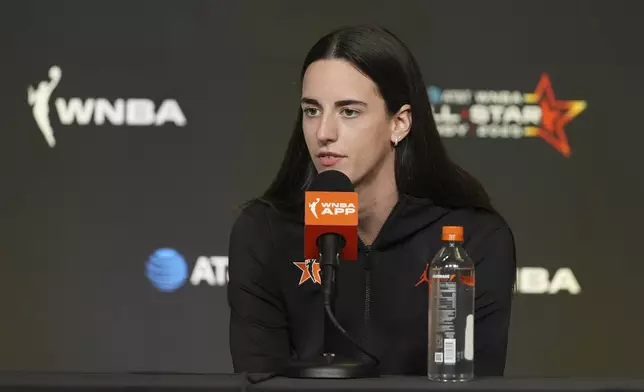 Indiana Fever's Caitlin Clark speaks during news conference before the WNBA All-Star basketball game, Saturday, July 19, 2025, in Indianapolis. (AP Photo/Michael Conroy)