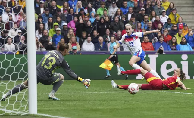 England's Alessia Russo, center, tries to score past Spain goalkeeper Catalina Coll, left, during the Women's Euro 2025 final soccer match between England and Spain at St. Jakob-Park in Basel, Switzerland, Sunday, July 27, 2025. (AP Photo/Martin Meissner)