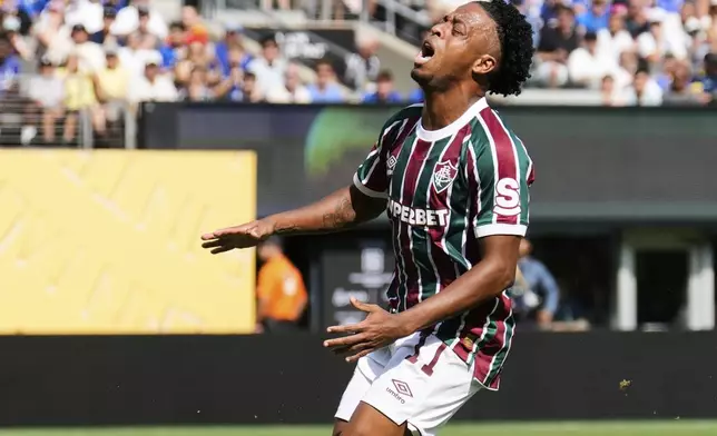 Fluminense's Keno (11) reacts after missing a shot at goal during the Club World Cup semifinal soccer match between Fluminense and Chelsea in East Rutherford, N.J., Tuesday, July 8, 2025. (AP Photo/Seth Wenig)