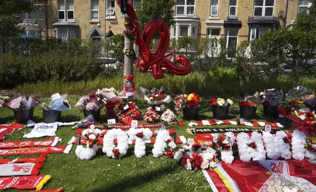 Tributes in memory of Liverpool player Diogo Jota at Anfield Stadium, home of Liverpool FC in Liverpool, Thursday, July 3, 2025.(AP Photo/Ian Hodgson)