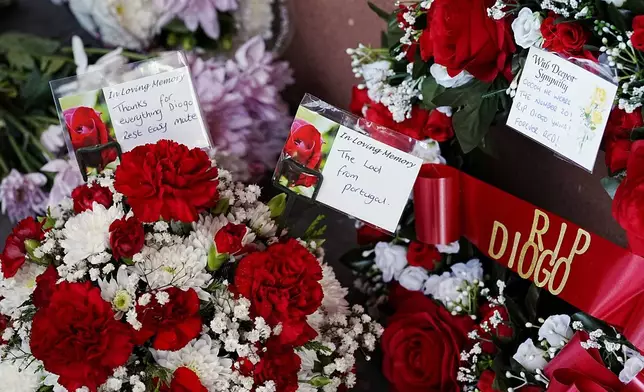 Tributes at Anfield Stadium, home of Liverpool, in memory of Liverpool player Diogo Jota, Thursday July 3, 2025. (Peter Byrne/PA via AP)