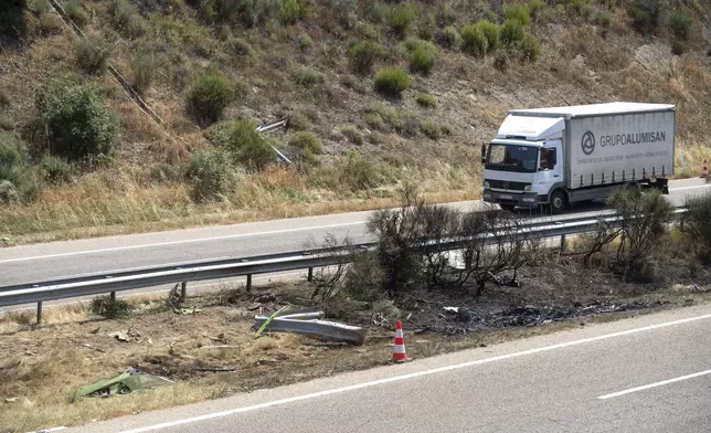 The site of the car accident in which Liverpool player Diogo Jota and his brother died in the north-western city of Zamora, Spain, Thursday, July 3, 2025. (AP Photo/Emilio Fraile)