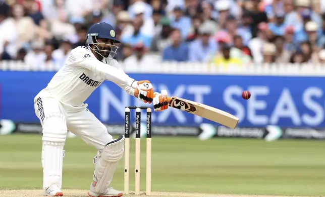 India's Ravindra Jadeja plays a shot during the fifth day of the third cricket test match between England and India at Lord's cricket ground in London, Monday, July 14, 2025. (AP Photo/Richard Pelham)