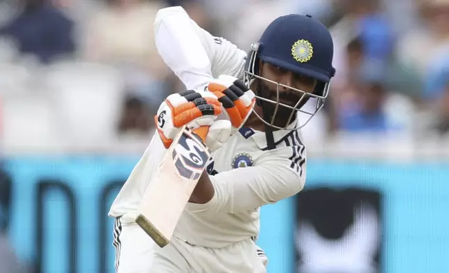 India's Ravindra Jadeja plays a shot during the fifth day of the third cricket test match between England and India at Lord's cricket ground in London, Monday, July 14, 2025. (AP Photo/Richard Pelham)
