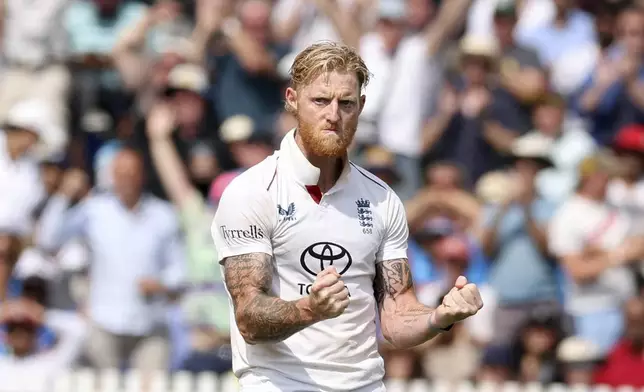 England's captain Ben Stokes celebrates the dismissal of India's Jasprit Bumrah during the fifth day of the third cricket test match between England and India at Lord's cricket ground in London, Monday, July 14, 2025. (AP Photo/Richard Pelham)