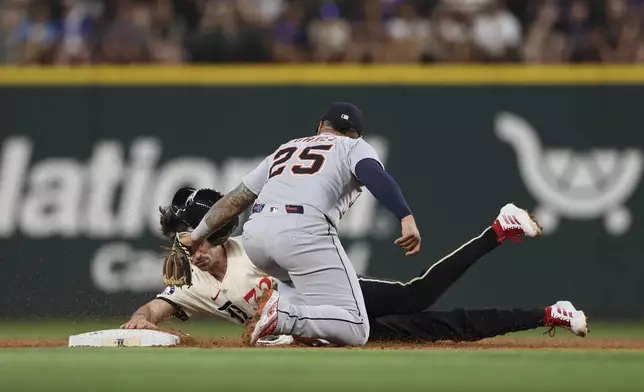 Texas Rangers' Evan Carter is tagged out attempting to steal second base by Detroit Tigers second baseman Gleyber Torres during the second inning of a baseball game on Friday, July 18, 2025, in Arlington, Texas. (AP Photo/Sam Hodde)