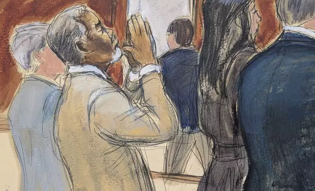 In this courtroom sketch, Sean "Diddy" Combs reacts after he was convicted of prostitution-related offenses but acquitted of sex trafficking and racketeering charges that could have put him behind bars for life, Wednesday, July 2, 2025, in Manhattan federal court in New York. (Elizabeth Williams via AP)