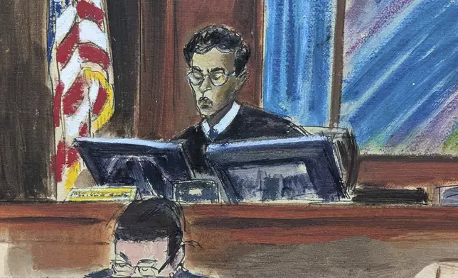 In this courtroom sketch, Judge Arun Subramanian speaks during a bail hearing for Sean "Diddy" Combs, Wednesday, July 2, 2025, in Manhattan federal court in New York. (Elizabeth Williams via AP)